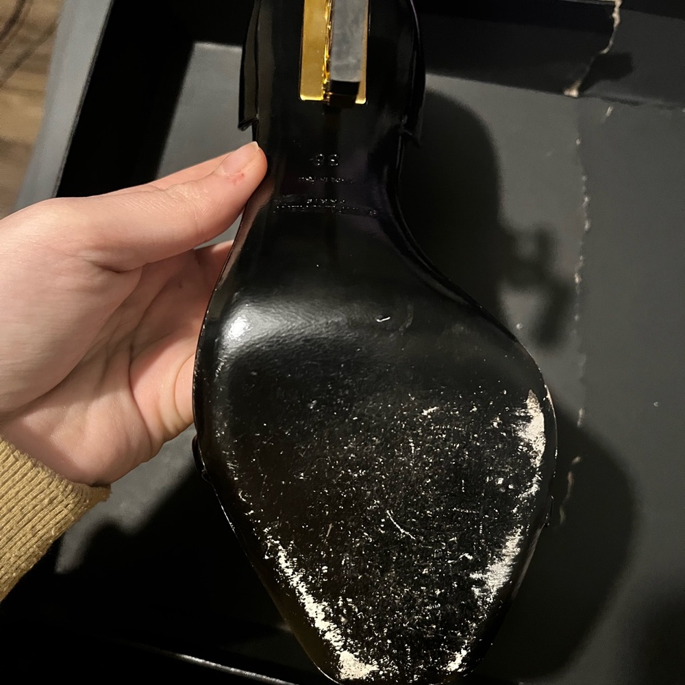 Yves Saint Laurent Black Heels with Gold Logo - Picture 3 of 5